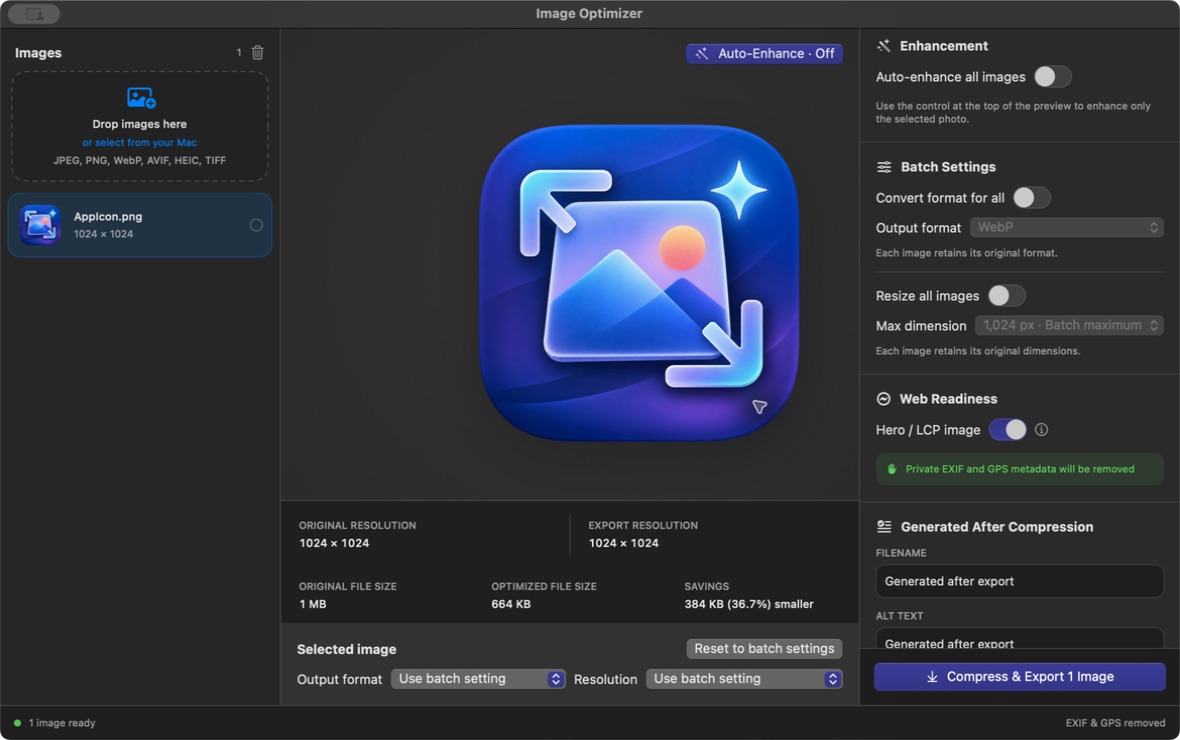 Image Optimizer app showing individual output format and resolution controls alongside original and optimized file sizes